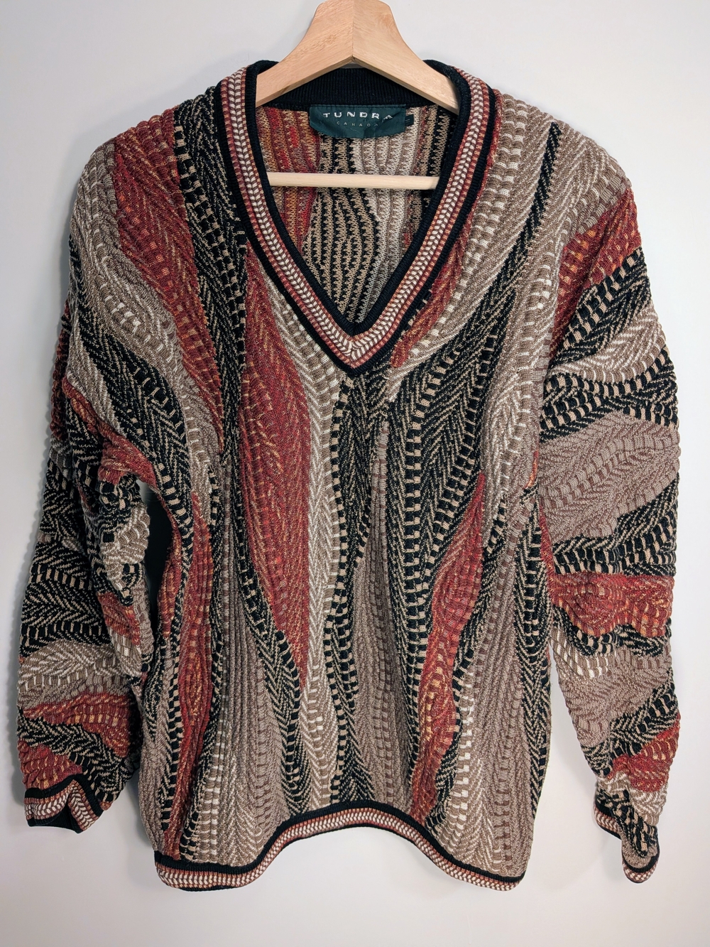 Vintage Tundra Canada Coogi-Style 3D Textured Knit Sweater — Multicolor V-Neck